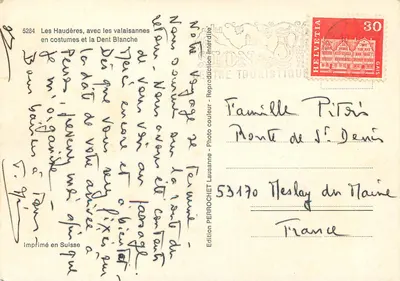 Les Haudères, z Valaïsannes w strojach narodowych i Dent Blanche — Wydawnictwo Perrochet, nr 5284 — Rewers