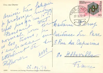 Chur, das Obertor — porte d'entrée avec horloge et éditeur Photohaus Geiger, Flims-Waldhaus n°6060 — Verso