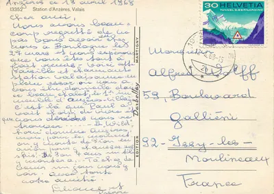 Stacja Anzères, Walisza — zimowy widok z chaletami i górami — Wydawnictwo Martigny — Rewers