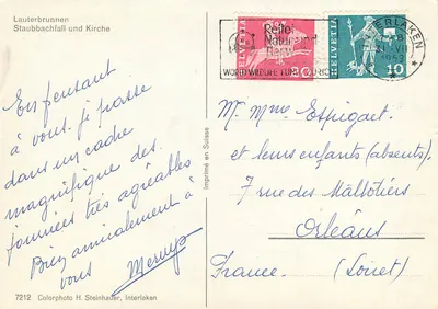 Lauterbrunnen — Staubachfall i kościoł — Imprimé en Suisse H. Steinhauer, Interlaken 7212 — Rewers