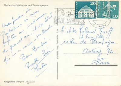 Mont-Blanc e glaciar de Morteratsch — vista desde Pontresina — Farbfoto Flury B 74 — Verso