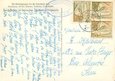 Lodowiec i alpejskie góry — Diavolezza-Hütte, Bernina — wydawca R. Wiesner, n° 448 — Rewers