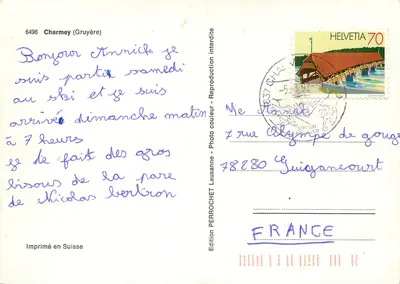Charmey (Gruyère) — Winteransicht mit schneebedeckten Bergen — Edition Perrochet, n° 6496 — Rückseite