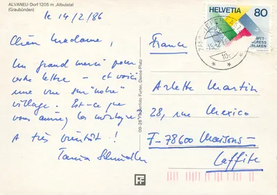 Alvanèu-Dorf 1205 m, Albulatal (Graubünden) — widok zimowy — Fadenfoto Futterer, Davos-Platz — Rewers