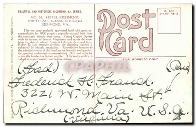 Hotel Richmond (Ninth and Grace Streets) — Richmond, VA — série 'Beautiful and Historical Richmond, VA', n°65, editor Southern Heights House — Verso