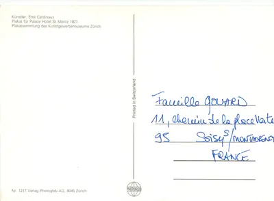 Palace Hotel St. Moritz — Wydawca Photoglob AG, nr 1217 — Rewers