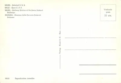 Stacja kolejowa w Bazylei — S.B.B. — wydawca Verlag A.G. Bern, nr 9605 — Rewers