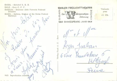 Estação de Basileia — S.B.B. — com fonte e hotéis Schaffhauser e Dura — Verso
