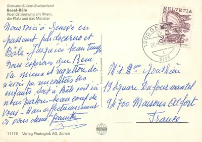 Vue do Reno em Basileia — Abendstimmung am Rhein, die Pfalz und das Münster — Verlag Photoglob AG, Zürich, n° 11118 — Verso