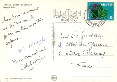 Basel — widok panoramiczny i fontanna — Verlag Photoglob AG, Zurych — Rewers