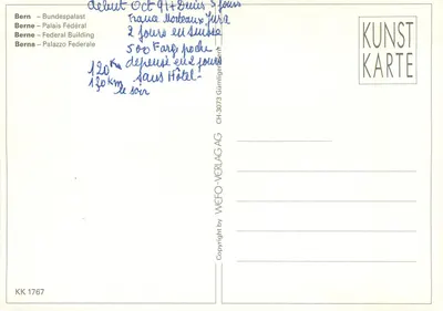 Bern — Palácio Federal — editor Kunst Karte, n° KK 1767 — Verso