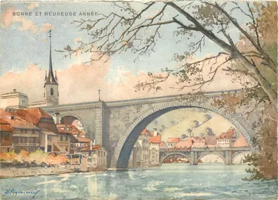 Ponte sobre o Rio Reno em Berna — vista pitoresca — editor Kalsen & Co. A.-G., Zurique, n° 9045