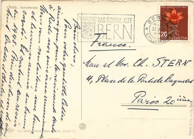 Ponte sobre o Rio Reno em Berna — vista pitoresca — editor Kalsen & Co. A.-G., Zurique, n° 9045 — Verso