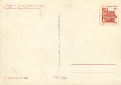 Zamek Linderhof — Alpy bawarskie — Huber-Postkarte Nr. 8255 — Rewers