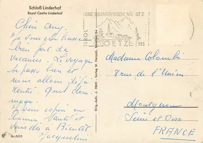Schloß Linderhof — Królewski Zamek Linderhof — wydawca J. Härtl, nr 605 — Rewers