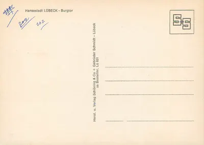 Lübeck - Burgtor — widok zameknej bramy — wydawca Herst. u. Verlag Schönöning & Co + Gebrüder Schmidt — Rewers