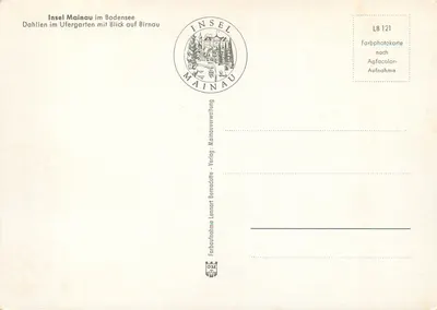 Insel Mainau na jeziorze Bodensko — Dahlie w ogródku brzegowym z widokiem na Birnau — wydawca Lennart Bernadotte — Rewers