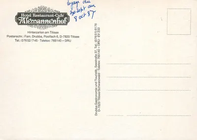 Hotel Restaurante-Café Alemannenhofer — Hinterzarten am Titisee — editor não visível — Verso