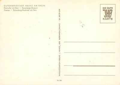 Gutenbergstadt Mainz am Rhein — widok panoramiczny — J. Hinkel Verlag, n°901 — Rewers