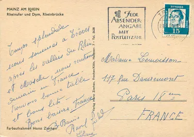 Mainz nad Rynem — widok na Ryn i Katedrę oraz most Rhinebrücke — wydawca Horst Ziethen — Rewers