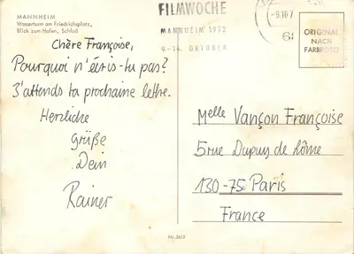 Mannheim — vista do Wasserturm, do parque e do Schloss — editor Filmwoche, n° 2612 — Verso