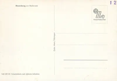 Meersburg aan het Bodensee — uitzicht vanaf een boogvormig balkon — uitgever Metz, n° 148/389 EE — Achterkant