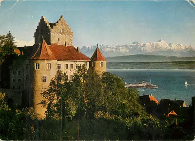 Castelo de Meersburg — vista do lago e das Alpes — editor Gebr. Mez, Tübingen, n° 148/566