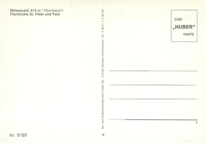 Wnętrze parafianii św. Piotra i Pawła w Mittenwald — Oberbayern — wydawca Huber, nr 8189 — Rewers