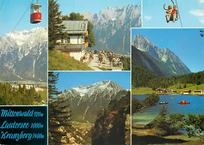 Mittenwald, Lautersee, Kranzberg — krajobrazy alpejskie i teleferyk — wydawca Hans Huber KG, nr 7037