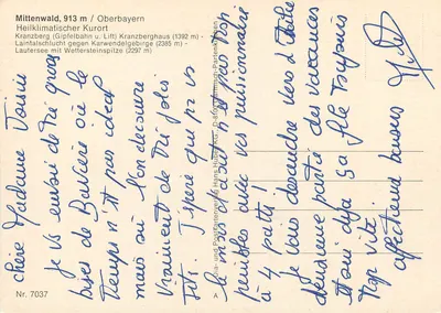Mittenwald, Lautersee, Kranzberg — krajobrazy alpejskie i teleferyk — wydawca Hans Huber KG, nr 7037 — Rewers
