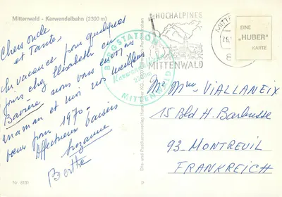 Mittenwald - Karwendelbahn (2300 m) — zasnowione góry i teleferyk — wydawca Huber KG, nr 8131 — Rewers