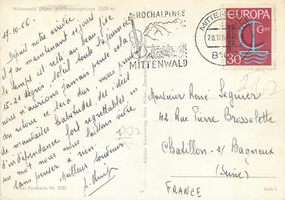 Mittenwald — widok na Weißersteinberge — Huber-Postkarte Nr. 8702 — Rewers