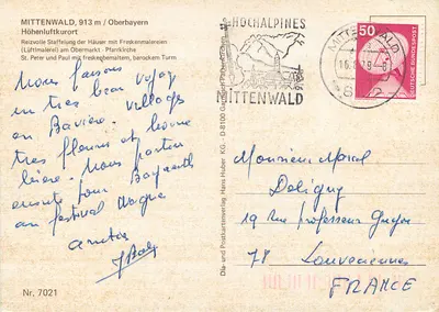 Mittenwald — alpejski wioska z kościołem i domami z freskami — Dia- und Postkartenverlag Hans Huber KG, nr 7021 — Rewers