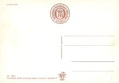 Munique — Hofbräuhaus, cerveja, salsichas e vista sobre a catedral — editor Toni Steiner, n° 1002 — Verso
