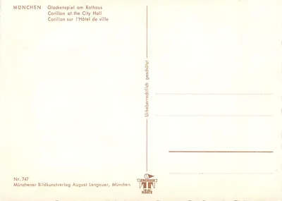 München, Glockenspiel am Rathaus — wydawca August Lengauer, nr 747 — Rewers