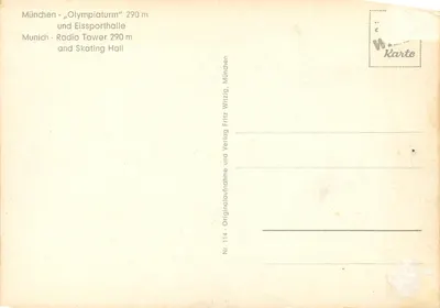 Olimpijska Wieża w Monachium — Igrzyska XX Olimpiady 1972 — wydawca Fritz Witzig, n° 114 — Rewers