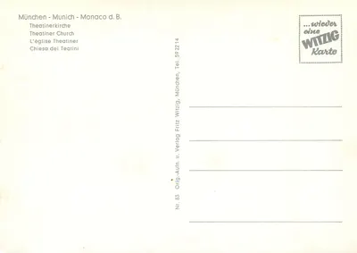 Monachium — Katedra Theatiner — wnętrze barokowe i fasada z kopułami — wydawca Witzig, nr 83 — Rewers