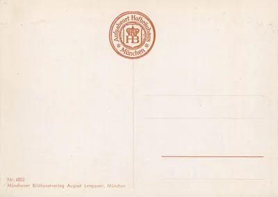Powitanie z Hofbräuhaus — ilustracja wnętrza słynnego baru — wydawca Münchener Bildkunstverlag August Lengauer, nr 4003 — Rewers