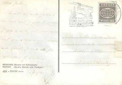Munique, Baviera — Estátua com Panthéon — Krüger International — Verso
