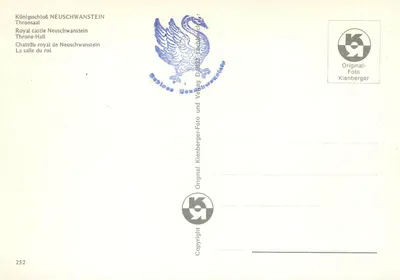 Zamek Neuschwanstein — Sala Tronowa — Wydawca Kienberger, n° 252 — Rewers