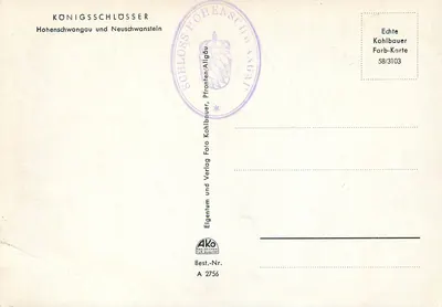 Zamek Neuschwanstein — Hohenschwangau — wydawca Kohlbauer, nr 58/3103 — Rewers