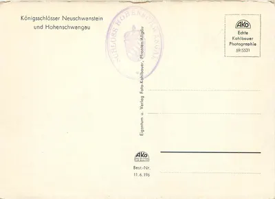 Zamek Neuschwanstein — widok panoramiczny i jezioro — wydawca AKo, nr 59/5531 — Rewers