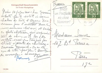 Zamek Neuschwanstein — zasnieżone góry — Eigenheim und Verlag Franz Milz, Füssen im Allgäu, nr 118/284 — Rewers