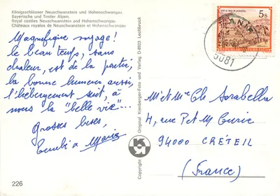 Castelo de Neuschwanstein — vista panorâmica e detalhe do castelo com carruagem — editor Kienberger-Foro und Verlag, n° 226 — Verso