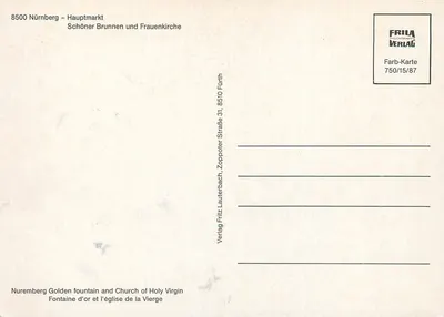 Nuremberg — Hauptmarkt — Schöner Brunnen i Frauenkirche — Frila Musikscharten Verlag, seria 750/15/87 — Rewers