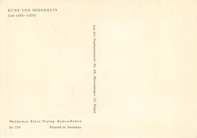 Zwei Figuren mit Falk und Hunden — Kunz von Rosenheim (um 1250–1275) — Woldemar Klein Verlag, Baden-Baden, Serie Nr. 776 — Rückseite