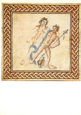 Dionísio bêbado apoiado em um jovem sátiro — Mosaico romano — Museu Römisch-Germanisches Museum Colônia, n° 401