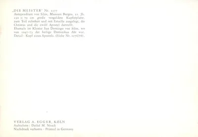 São Domingos — detalhe de um antependium de Silos — Verlag A. Egger, Colônia — Verso