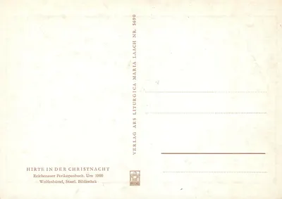 Pastor na Noite de Natal — Reichenauer Perikopenbuch, cerca de 1000 — Verlag Maria Laach Nr. 5690 — Verso