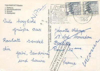 Rastatt — widok miasta z jego zabytkami — wydawca: Verlag Schöning & Co + Gebrüder Schmidt, Lübeck — Rewers
